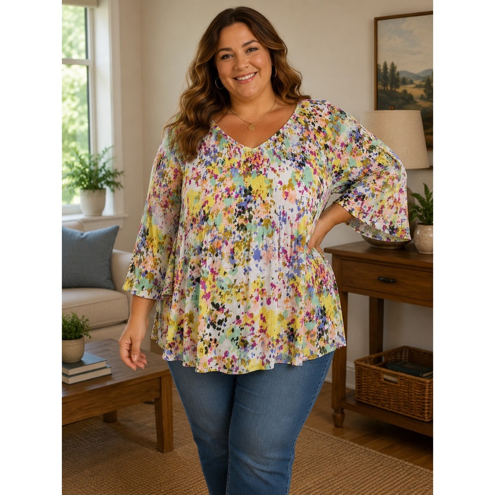 Melissa Paige Blouse Women 2X Multicolor Floral Pleated Bell Sleeve V-Neck